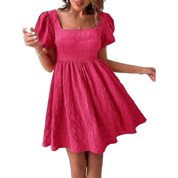 Women 2024 Summer Short Sleeve Dress Square Neck Puff Sleeve