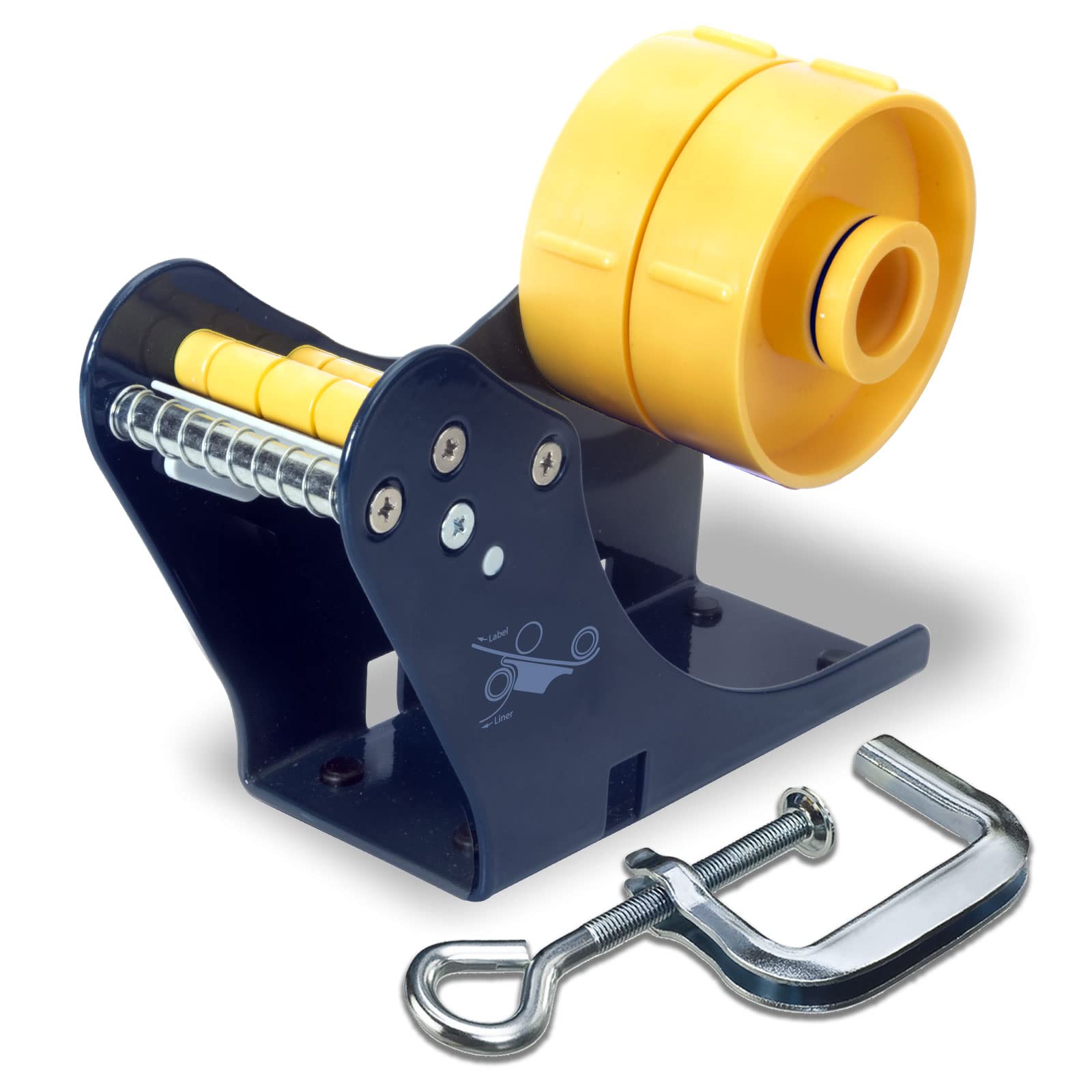 Excell Manual Label Dispenser with C-Clamp, 3” (76.2mm) Core, 2” (50.8mm) Wide or 2 x 1” (25.4mm) Labels, Easy Peel-Off Separator, Desktop Workstation Mount, Label Roll Not Included