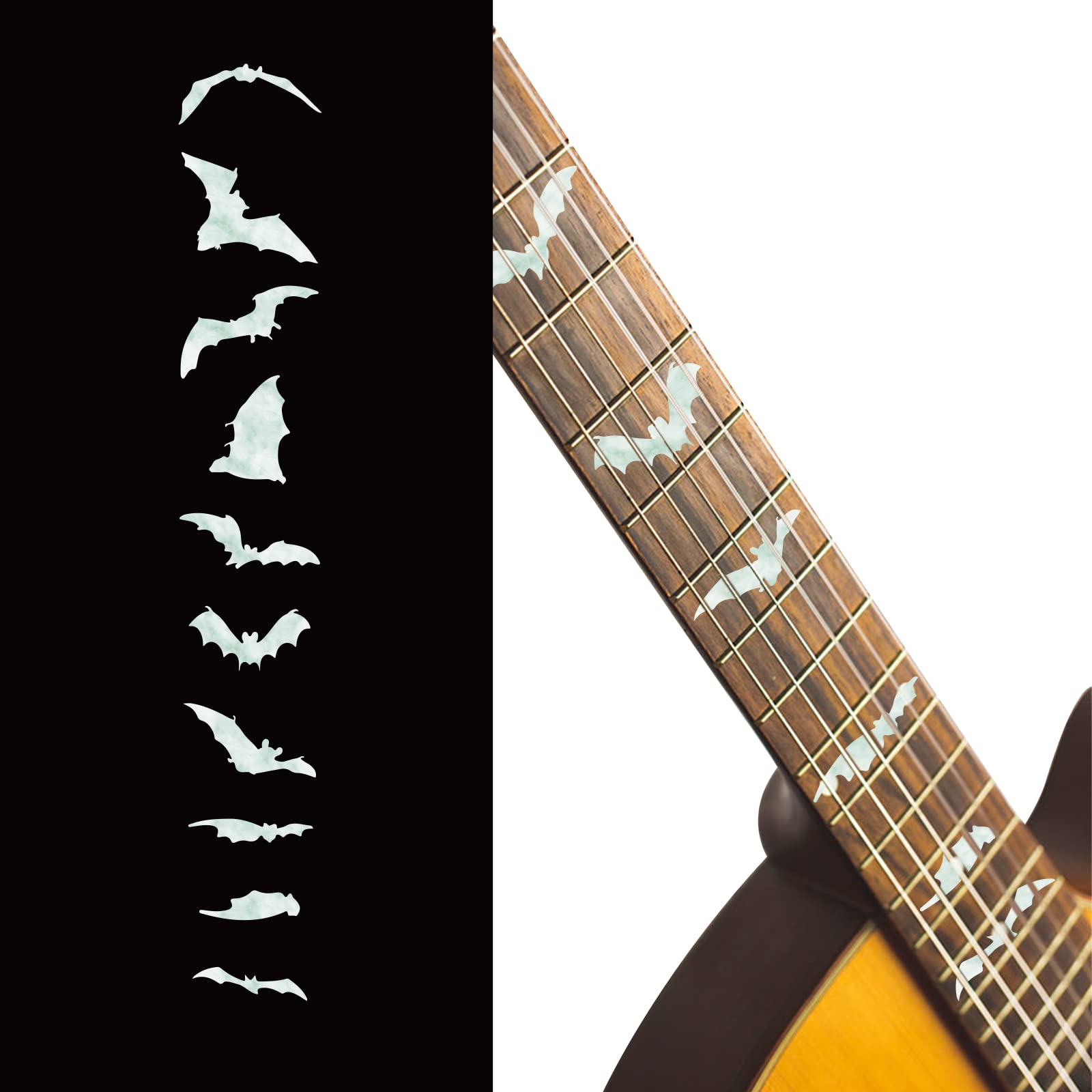 PLIGREAT 2 Pcs Guitar Inlay Stickers, Guitar Fretboard Markers Bats Decals for Acoustic Guitars Electric Guitars Bass Decor Musical Instrument Decorations Removable DIY Guitar Neck Stickers