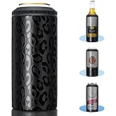 3 in 1 Slim Can Cooler for 12 OZ Skinny Can, Regular Can & Beer Bottle - Keep Cold for 6 Hours - Double Walled Insulated Stainless Steel Vacuum Beverage Can Insulator (Black Leopard)