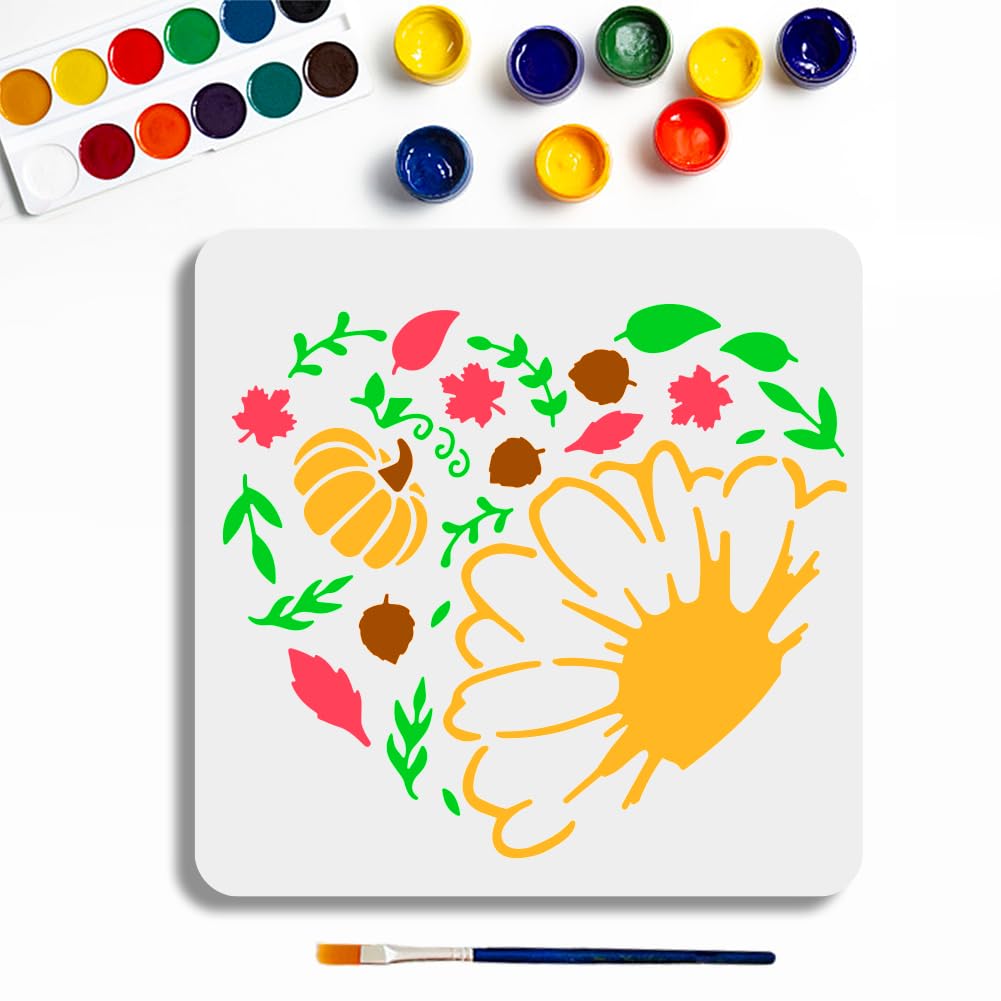 MAYJOYDIY Fall Leaf Flower Heart Template 30x30cm Pumpkin Maple Leaf Reusable Painting Stencil Plant PET Hollow Out Stencil Autumn Farmhouse Template for Wall Home Decor DIY Craft