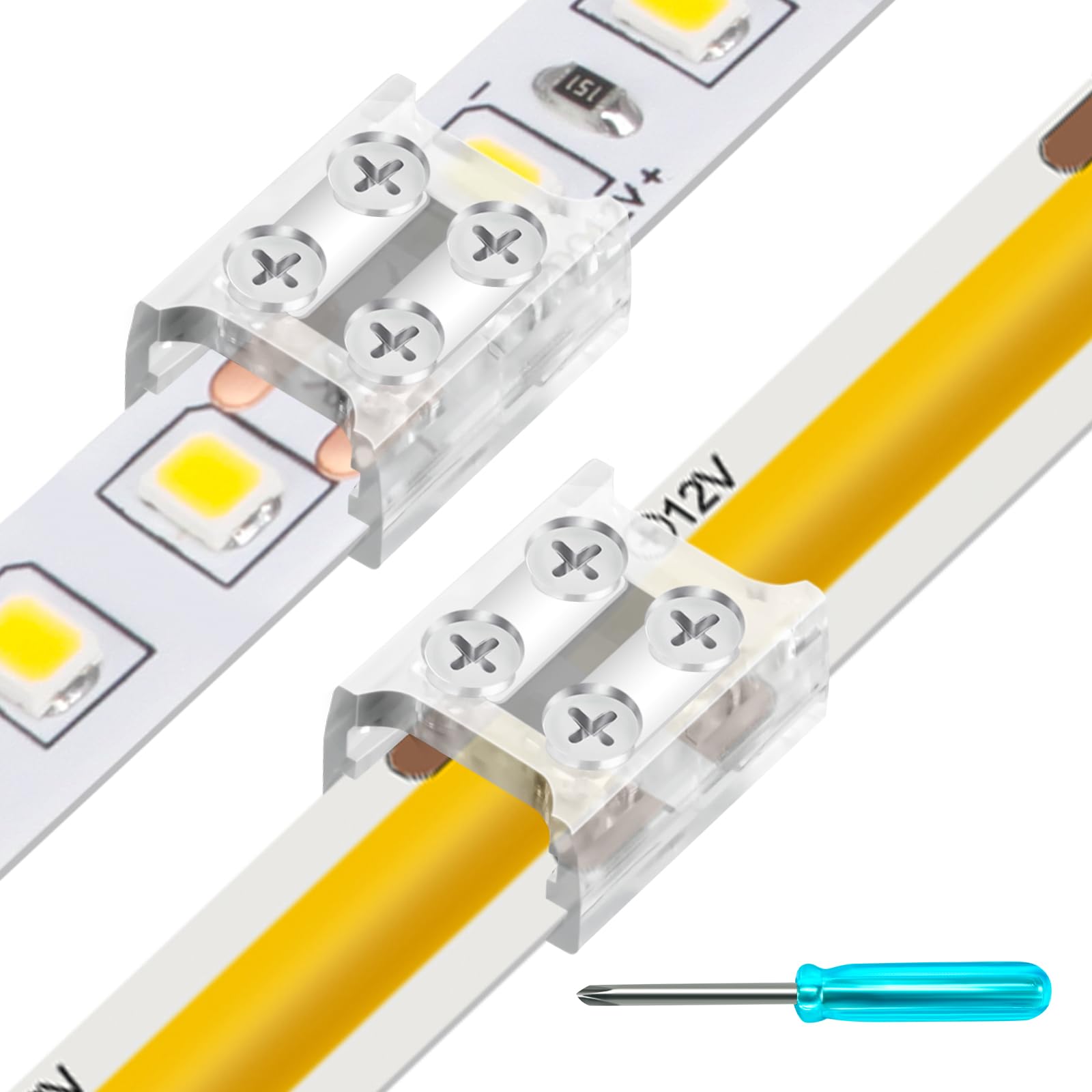 VIPMOON 12 Pack 2 Pin 10mm LED Strip Connectors, Solderless Screw Tightening Strip to Strip Connectors for COB/SMD 5V 12V 24V 36V Single Colour LED Strip Lights