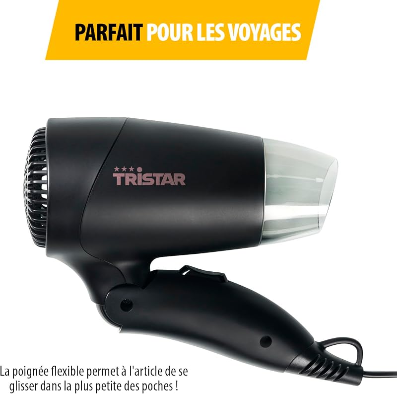 Sèche-cheveux de voyage - Poignée pliable - Taille compacte - Puissance forte de 1200 Watt - Noir - HD-2460