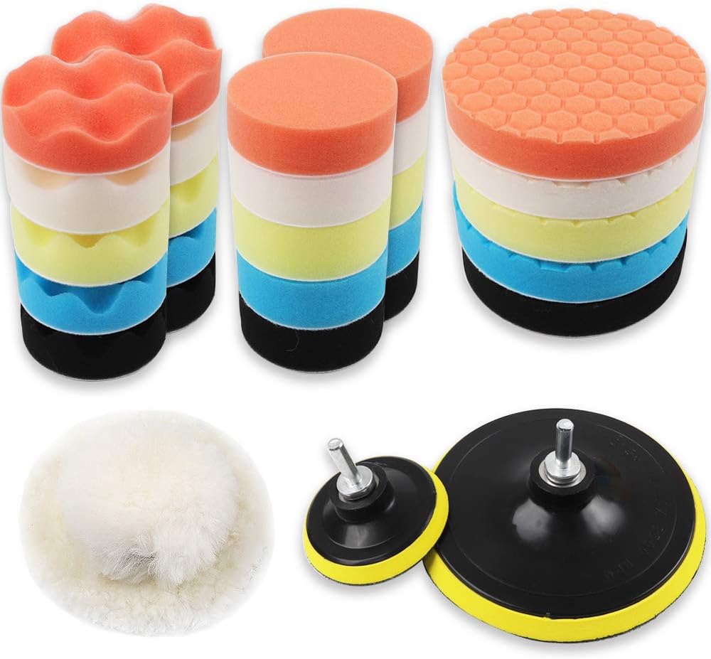 Coceca 3 Inches and 6 Inches Drill Polishing Pad, Buffing Pads kit 30pcs Including 25 Sponge Pads and 3 Woolen Buffer with 2 Drill Adapter