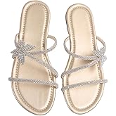 OYOANGLE Women's Butterfly Rhinestone Shiny Slide Sandals Strappy Slip on Flat Sandals Dressy Casual Sliders