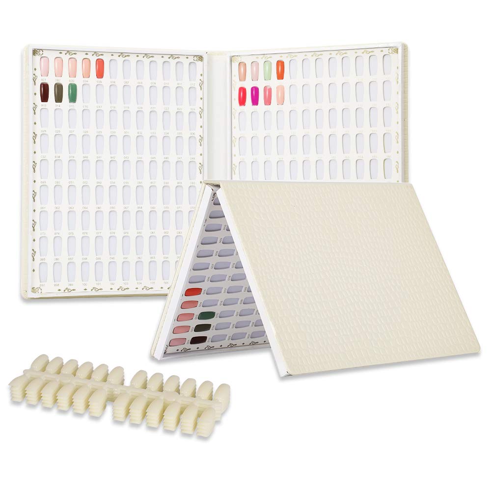 BNG Nail Display Book 216 Colors Nail Art Colour Chart, Professional Gel Polish Nail Display Card with 240 Pcs False Nails Tips For Salon Nail Art Showing, White Leather Book Nail Color Display