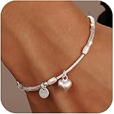 UTISUVIKO Chunky 925 Sterling Silver Dainty 3D Heart Bracelet for Women Cute Puffy Heart Charm Bracelets to Daughter Adjustable Cube Bead Chain Bracelet Birthday Valentines Day Jewelry Gifts (Silver)