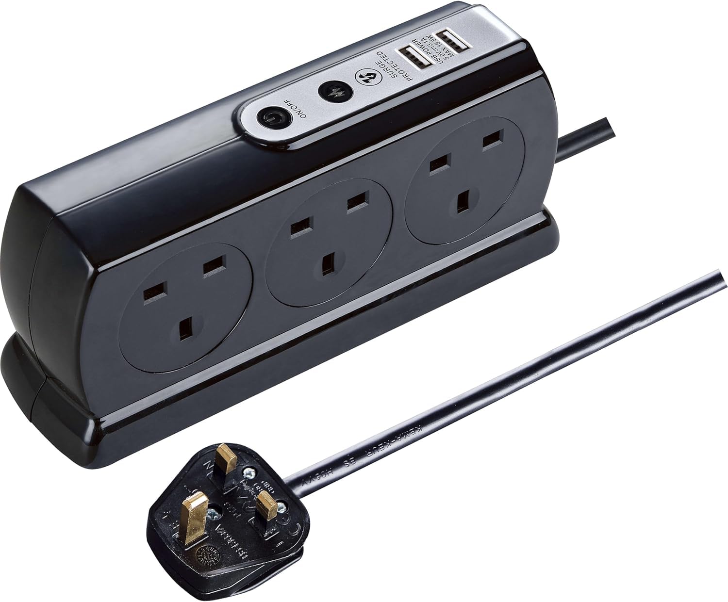 Masterplug Six Socket Switched Inline Power Surge Protected Extension Lead with Two USB Charging Ports, 2 Metres, Gloss Black