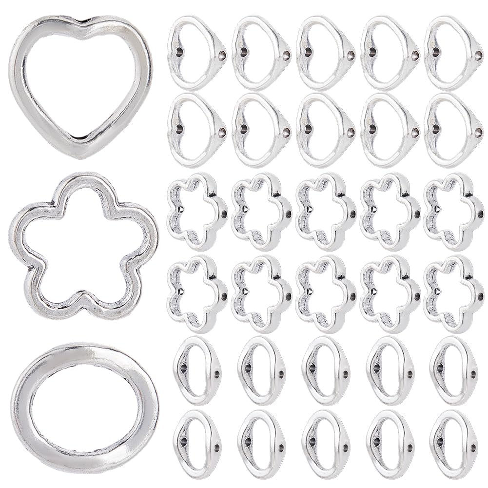 SOFPLATE 1 Box 120Pcs 3 Styles Heart Beads Frame Flower Bead Frames Hollow Antique Silver Alloy Round Ring Metal Link Spacer Connector Beads for Jewelry Making Bracelet Beading Supplies DIY Crafts
