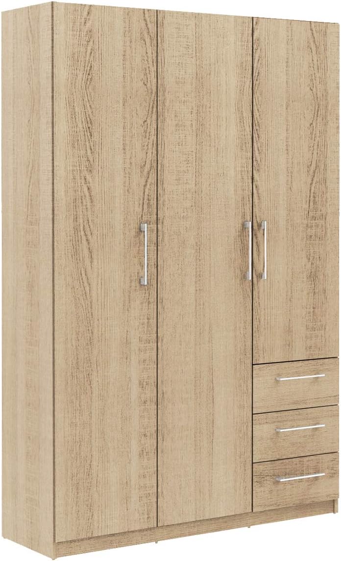 3 Door Wardrobe 3 Shelves 3 Drawers Bedroom Cupboard Large Storage Space 1.2m Wide (Oak)