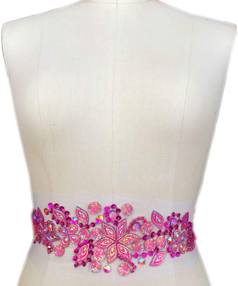 Fashion! Handmade Bright Crystal Patches Sew-on Rhinestones Waist Decoration Applique with Sequins Beads DIY for Wedding Dress Clothes Decor Accessory 3.9x14.2″ (Pink)