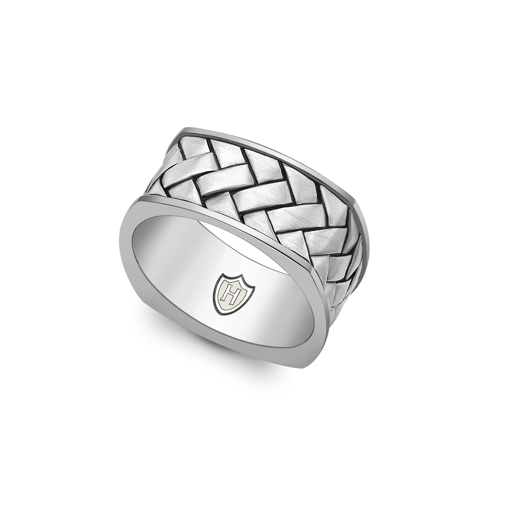 HOXTON LONDON Men's Sterling Silver Rhodium Plated Herringbone Square Ring - Size V