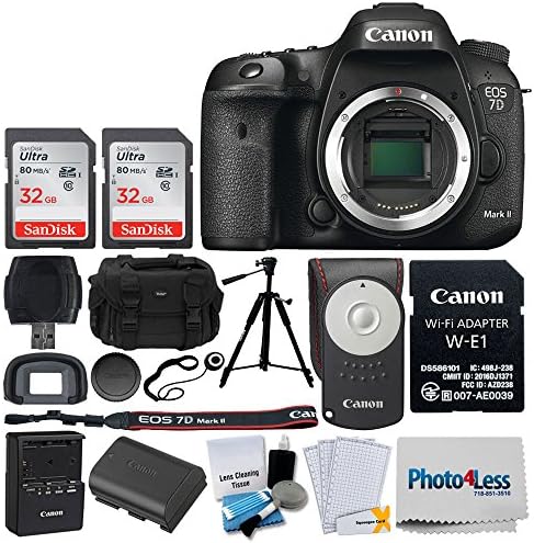 Canon EOS 7D Mark II DSLR Camera Body with W-E1 Wi-Fi Adapter + 64GB Memory Card + Canon RC-6 Wireless Remote + Digital SLR Gadget Bag + Photo/Video Quality Tripod + Cleaning Kit + Complete Bundle