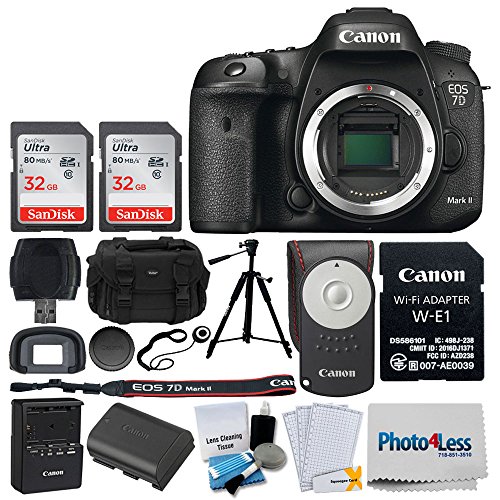 Canon EOS 7D Mark II DSLR Camera Body with W-E1 Wi-Fi Adapter + 64GB Memory Card + Canon RC-6 Wireless Remote + Digital SLR Gadget Bag + Photo/Video Quality Tripod + Cleaning Kit + Complete Bundle