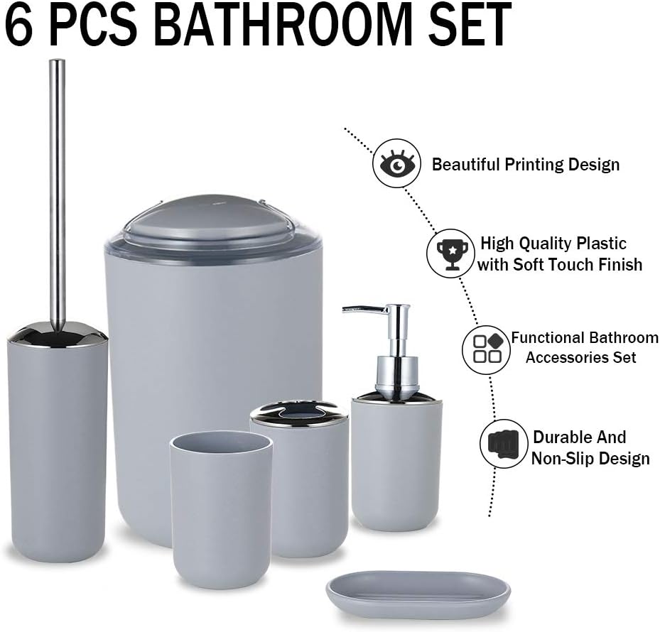 JOTOM 6 Piece Plastic Bathroom Accessory Set Modern Design Bath Accessories Bath Set Lotion Bottles,Toothbrush Holder,Tooth Mug,Soap Dish,Toilet Brush,Rubbish (Grey) - Image 5