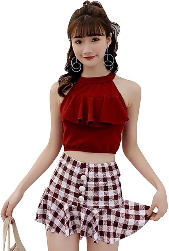 Amazon Wulful 水着 レディース 体型カバー ビキニ タンキニ セパレーツ チェック ハイネック ハイウエスト かわいい ギンガム フリル ギャザーブラ フレア 4色展開 2点セット タンキニ 通販