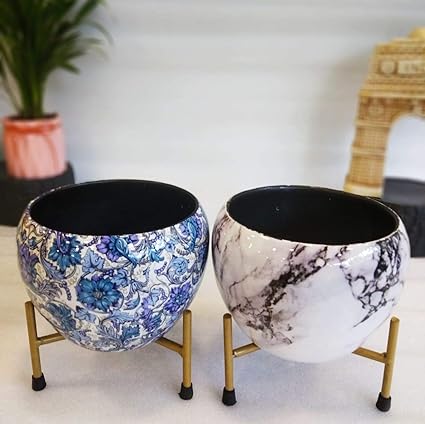 Exotic Green Abstract White & Floral Blue Combo Designer Pot with Stand for Indoor Plants | Beautiful Metal Planters | Modern Design Table Top Flower Plant Pots I (2 Pcs Combo)