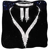 Nicute Rhinestone Wedding Jewelry Set Silver Tassel Necklace Bracelet Earrings Set Prom Costume Jewelry for Women