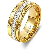 ROOCRYAN 8mm Mens Gold Wedding Band with Cubic Zirconia Silver Eternity Ring CZ Inlaid 18K Gold Plated Stainless Steel Rings for Men, Rings Size 5-12