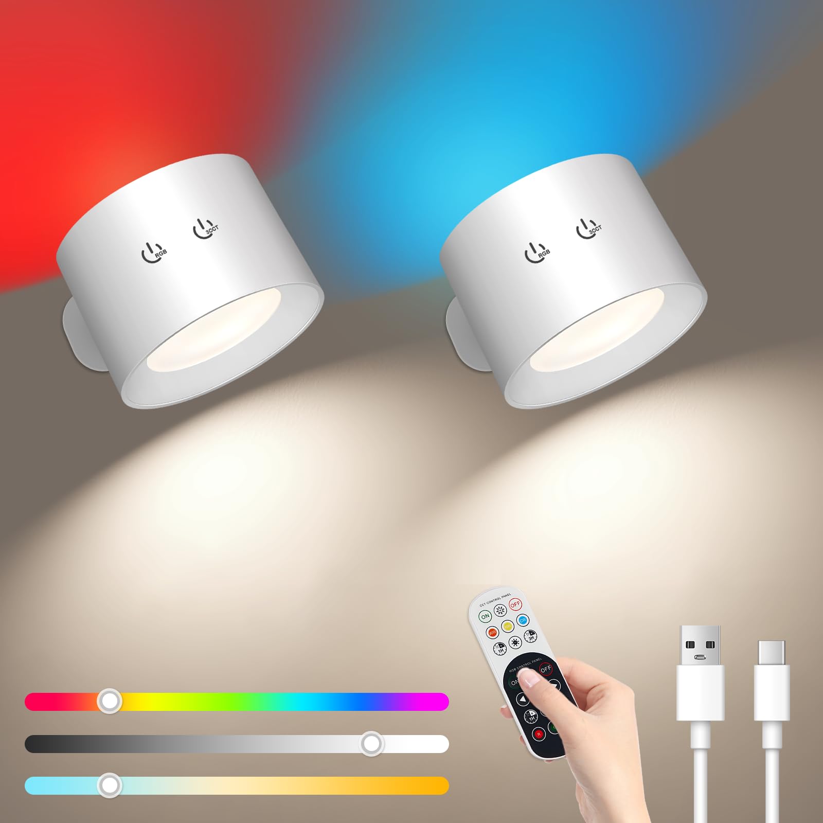 Ledronix Rechargeable Wall Light Indoor, LED Battery Operated Wall Lights with Remote, 360° Rotatable Magnetic Wall Lamp with Touch Control, 3 Color Modes 3 Color Temperatures 12 RGB Dimmable, 2 Pack