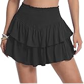 HOKOYI Women's Summer High Waist Smocked Ruffle Skirt Cute Flowy Layered Mini Skirt Skort Beach Casual