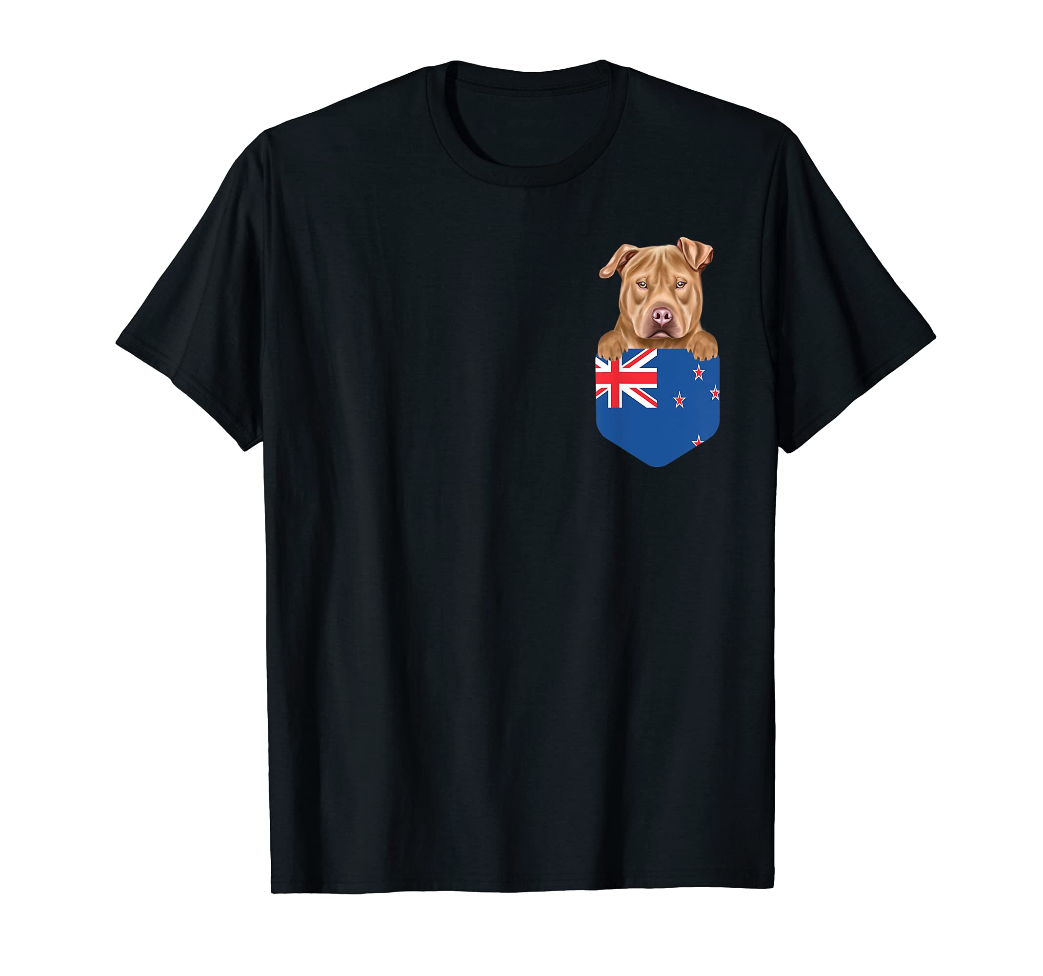 New Zealand Flag Usa Staffordshire Terrier Dog In Pocket T-Shirt