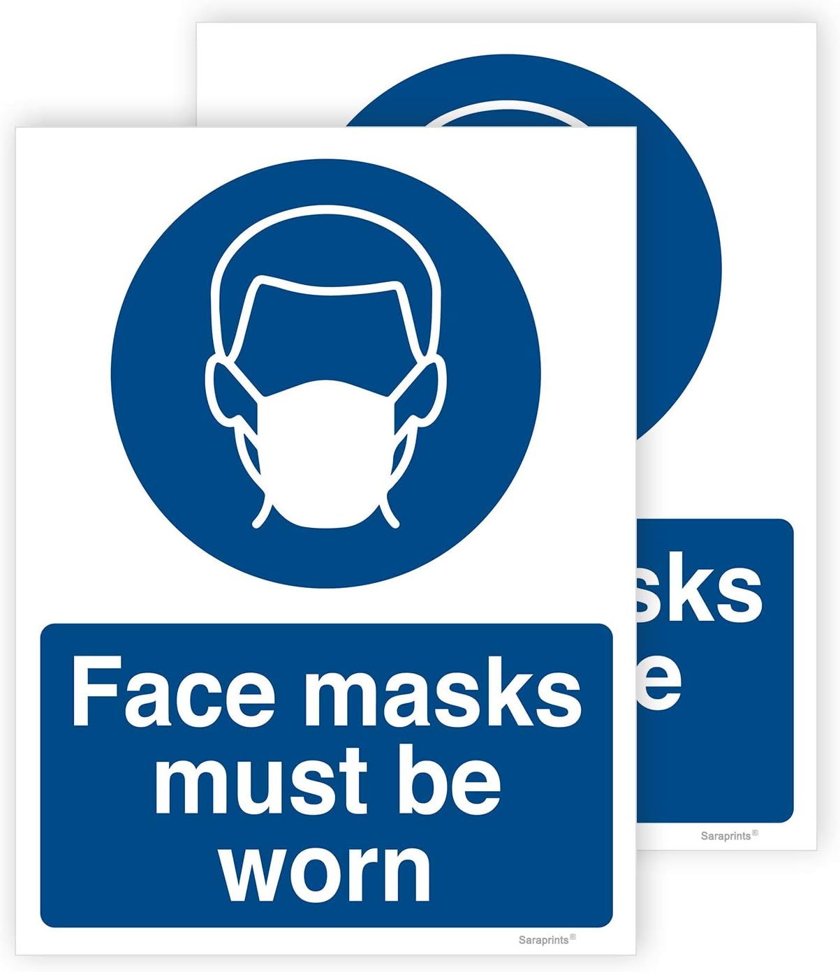 Pack of 2 Face Mask Sign Stickers Self Adhesive Vinyl 150mm x 200mm V1107, Blue, 150 x 200 mm