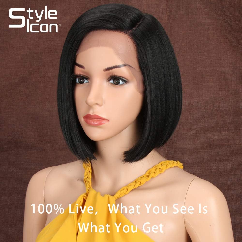 Style Icon Lace Front Bob Wig with Hand-Tied Lace, Natural Hairline, Synthetic Wig for Women Blunt Cut, Black, 9 inch - Image 3