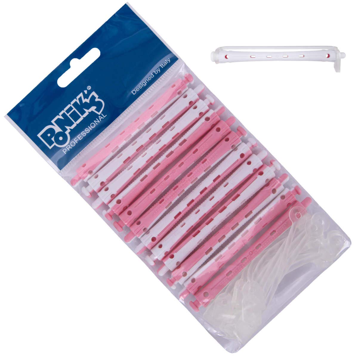 Ponik's Perm Rollers, Hair Rollers for Perm Set - 7 mm - 12 Pieces - Small Cold Wave Rollers with Round Rubber Tabs, Pink White