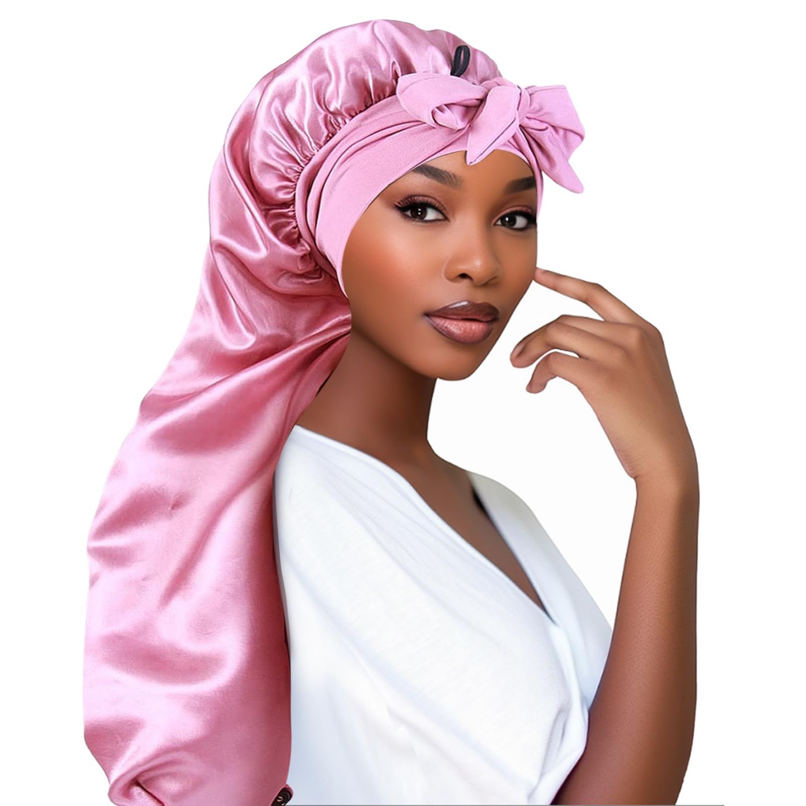 Adorila Extra Long Satin Bonnet for Women, Adjustable With Tie Band, Double Layer Elastic Silk for Braids Hair Sleeping Cap (Pink) — image 1