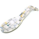 MACKENZIE-CHILDS Enamel Spoon Rest, Gray-and-White Sterling Check | Hand-painted design, made from enameled steel, utensil rest and spoon holder for stovetop and kitchen counter use, 8.5" L