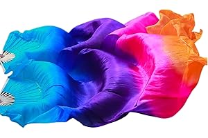 SNOWAQUA Belly Dance Faux Silk Veil Fans, 1 Pair (Left+Right) Faux Silk Bamboo Long Fans Veils, Handmade Belly Dance Dancing Silk Fans, Dance Performance