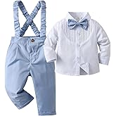 Baby Boys Pants Sets, Infant Long Sleeve Shirt + Pants + Bow Tie + Suspenders,Toddler Gentleman Outfits