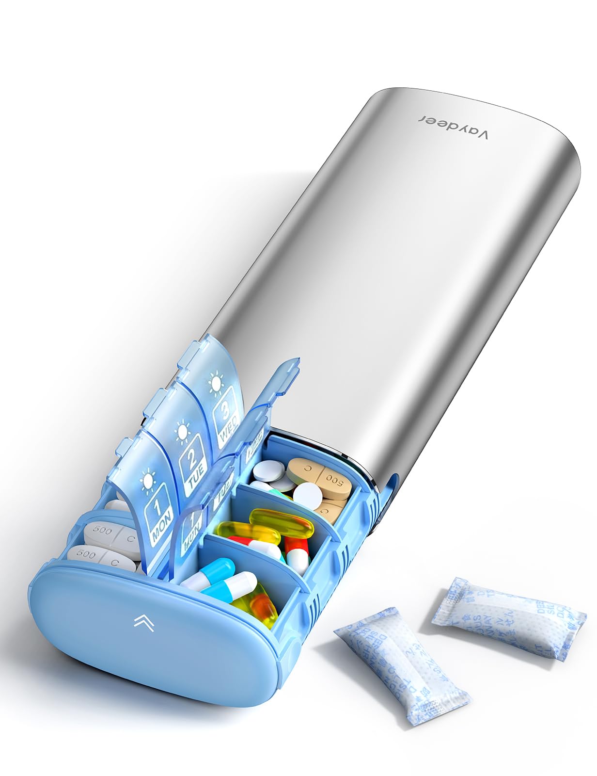VAYDEER Tablettenbox 7 Tage [LFGB-zertifiziert] [Trockensicher] [Lichtgeschützt] [Aluminium] Reise-Pillendose Tabletten-Organizer für 2× täglich Medikamentenbox, morgens & abends Silber