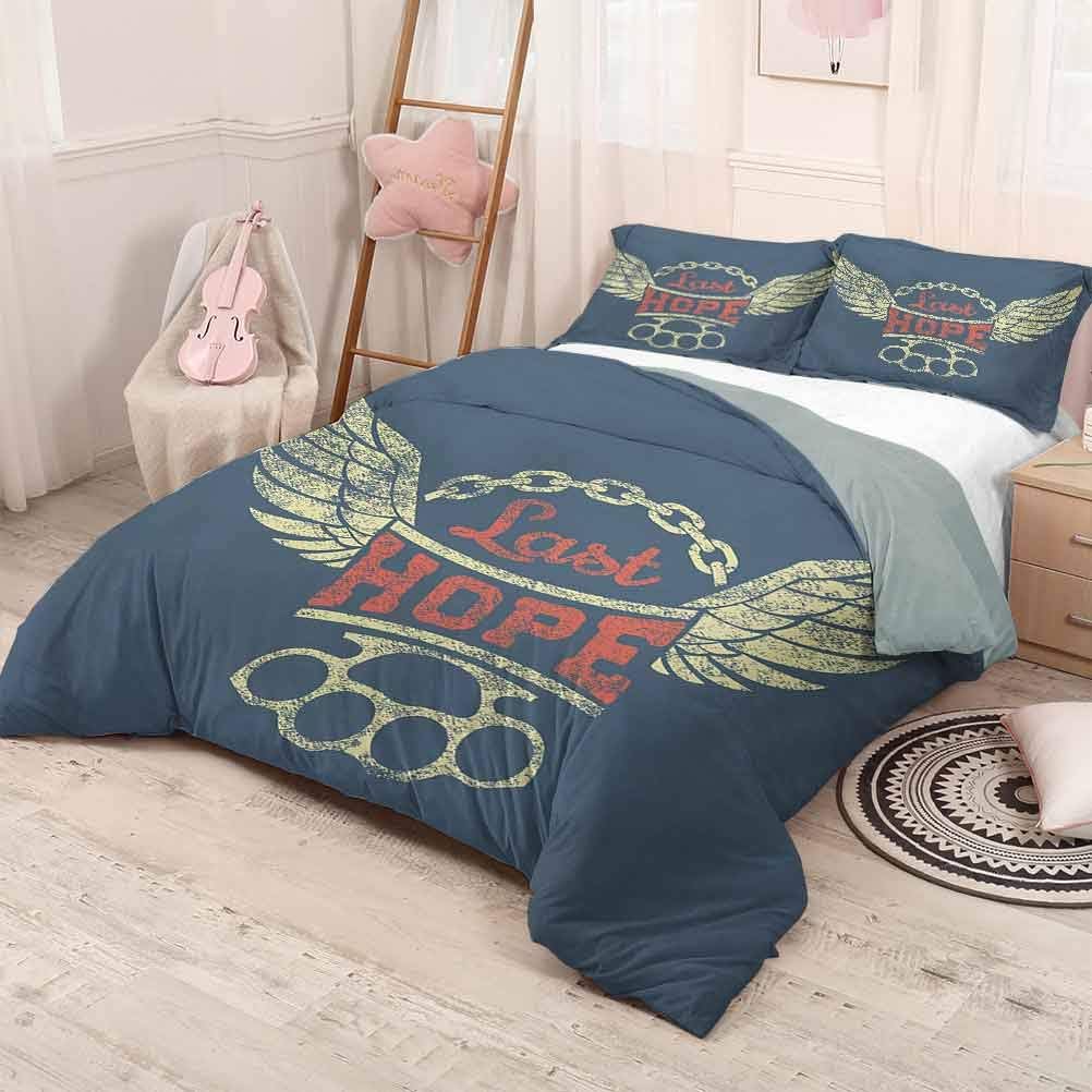 Luoiaax Vintage Pure Bedding Hotel Luxury Bed Linen Grunge Label Wings Chain Brass Knuckles Last Hope Quote for Bikers Polyester - Soft and Breathable (Queen) Slate Blue Red Pale Yellow