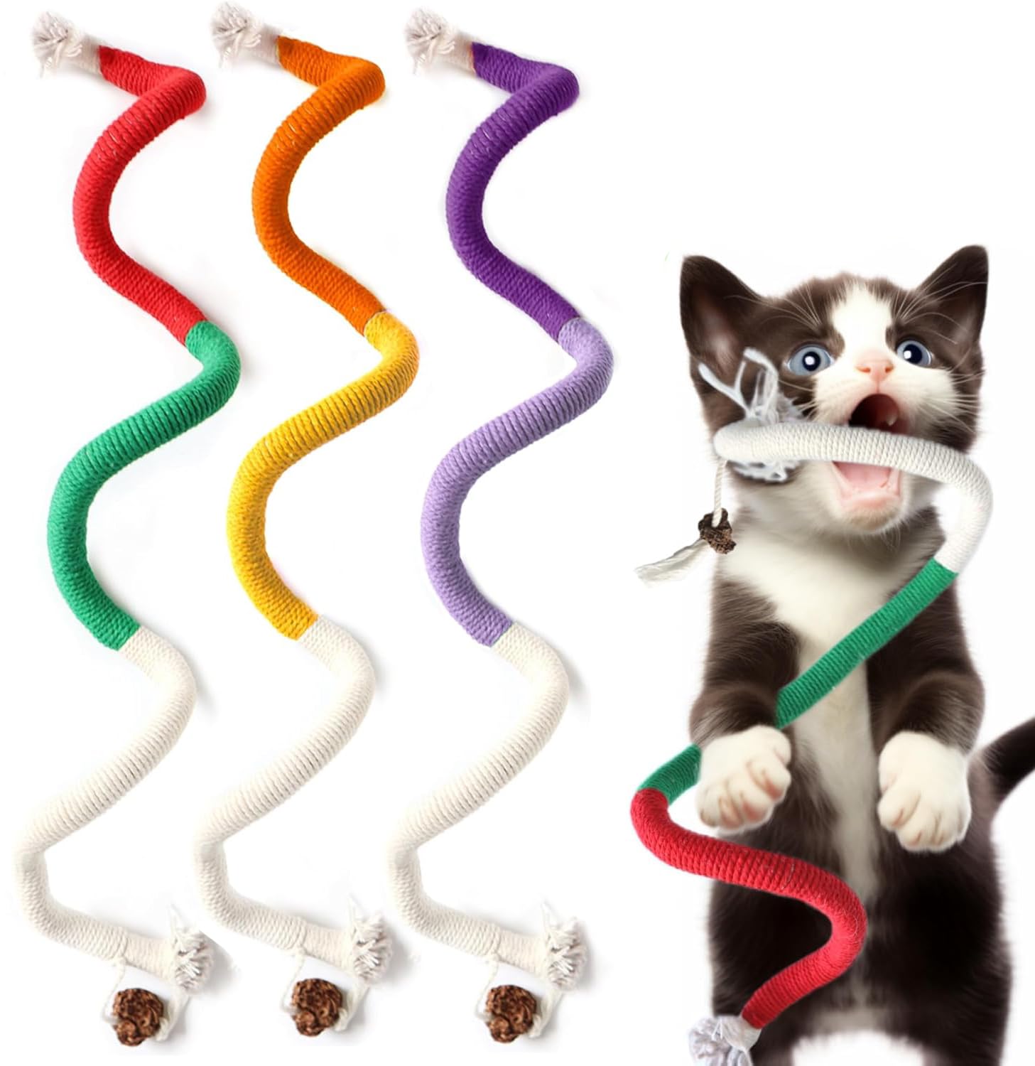 MarverFace 3 Pcs Catnip Toy, Cat Bite Rope Chew Toy, Interactive Cat Toy for Indoor Cats, Filled Natural Catnip Cat Chew Teeth Cleaning Stress Release Catnip Cotton Rope Toy