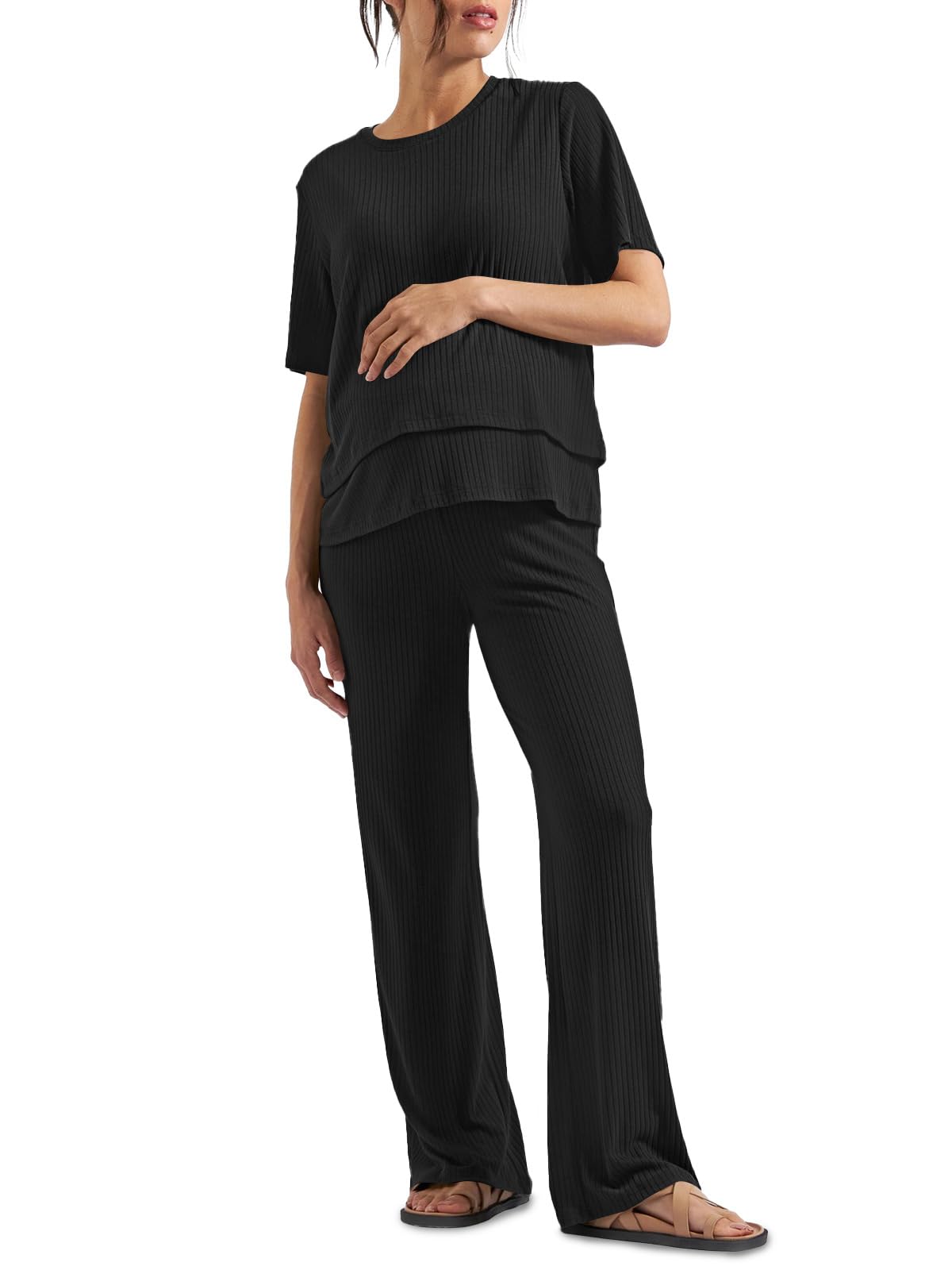 Photo 1 of Tankaneo Womens Postpartum Maternity Pajamas 2 Piece Sets Rib Short Sleeve Nursing Tops and Elastic Waist Pants Loungewear, Black, X-Large