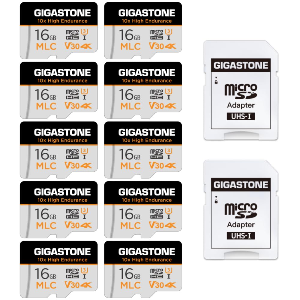 [5-Yrs Free Data Recovery][10x High Endurance] GIGASTONE Industrial 16GB 10-Pack MLC Micro SD Card, 4K Video Recording, Security Cam, Dash Cam, Surveillance Compatible 95MB/s, U3 C10, with Adapter