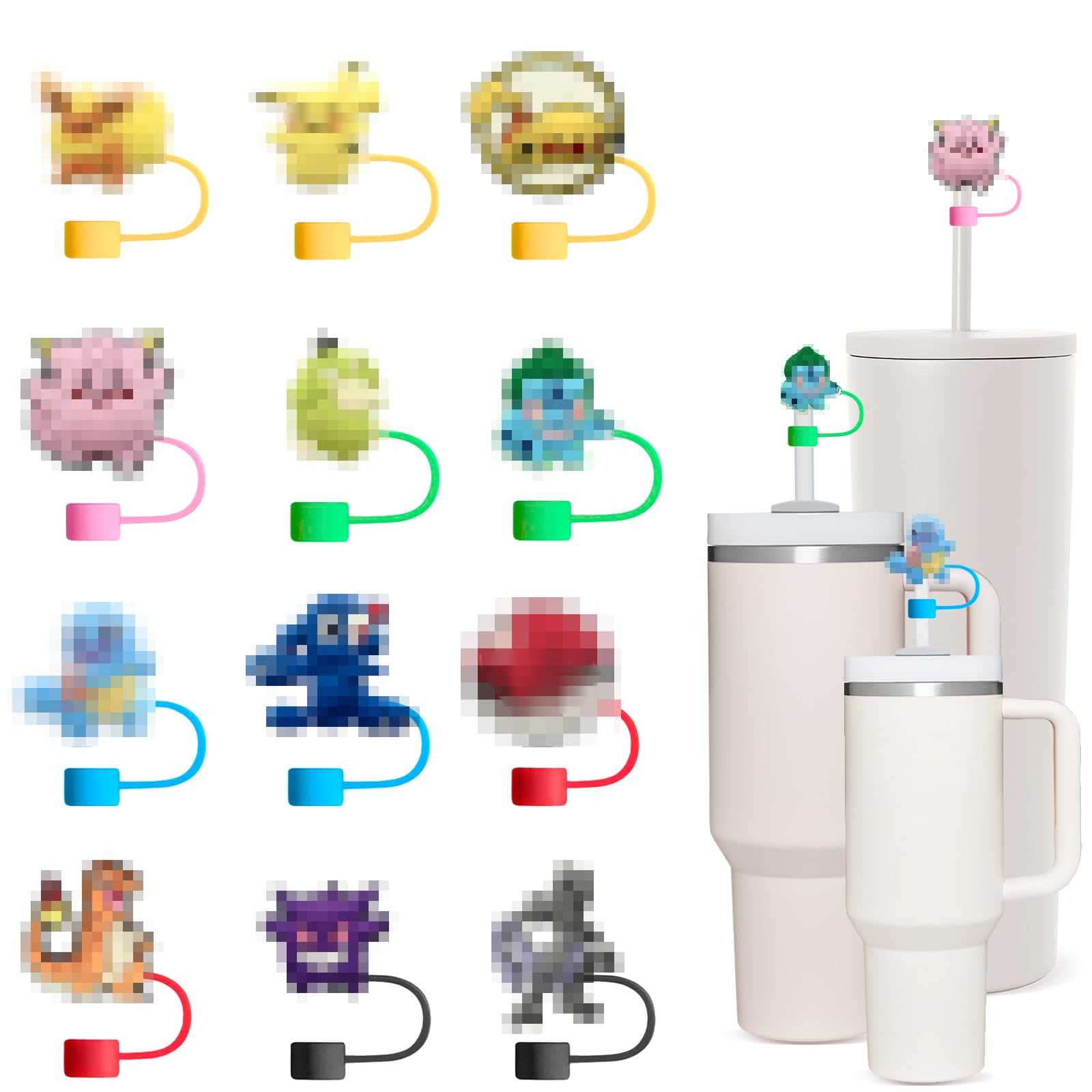 Photo 1 of 12 Pcs Different Cartoon Straw Covers Cap for 9-10mm Straws Fit Stanley Cup 40 oz 30 oz Tumbler with Handle, Reusable Drinking Straw Topper for Kids Party Favor