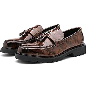 Men's Patent Leather Tassel Platform Slip-On Loafers Luxury Alligator Printed Lug Sole Penny Dress Shoes with Metal Decoratio