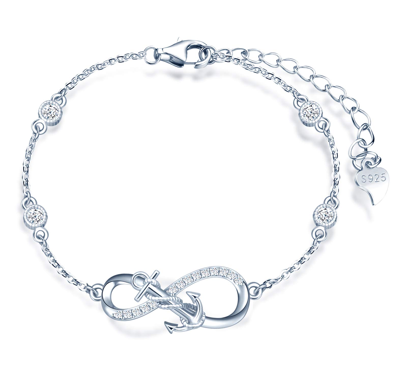 MicLee Woman's girl's Bracelet, 925 Sterling Silver bracelet, Anchor and infinity symbol bracelet, Inlaid with zircon, adjustable chain, Unique design bracelet, silver
