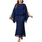 ZOMVA Plus Size 0X-4X Mother of The Bride Groom Lace Dress with Chiffon Cape Overlay Long Mermaid Dress Formal Wedding Guest