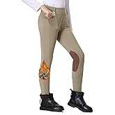 BELEROY Kids Horse Riding Pants Winter Fleece Lined Girls Equestrian Breeches Knee-Patch Horseback Tights with Pockets