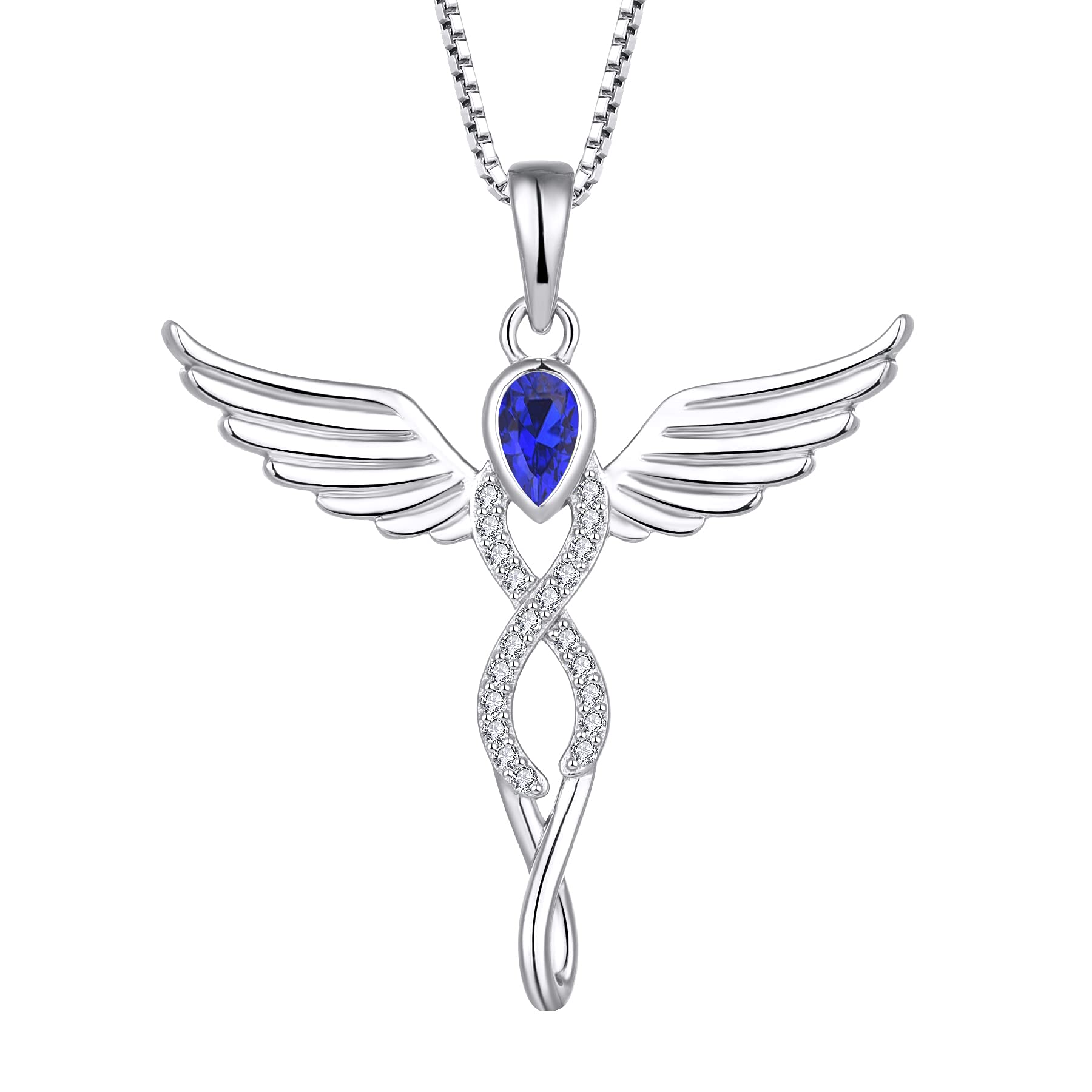 FJ Guardian Angel Necklace 925 Sterling Silver Infinity Angel Wings Pendant Sapphire Necklace September Birthstone Jewellery for Women