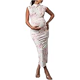 OYOANGLE Women's Maternity Floral Mock Neck Cap Sleeve Ruched Dress Pregnancy Side Split Bodycon Midi Tank Dresses