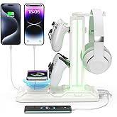 KDD RGB Headphone & Controller Stand with Wireless Charging - Rotatable Headset Stand with 9 Light Modes - Controller Holder 