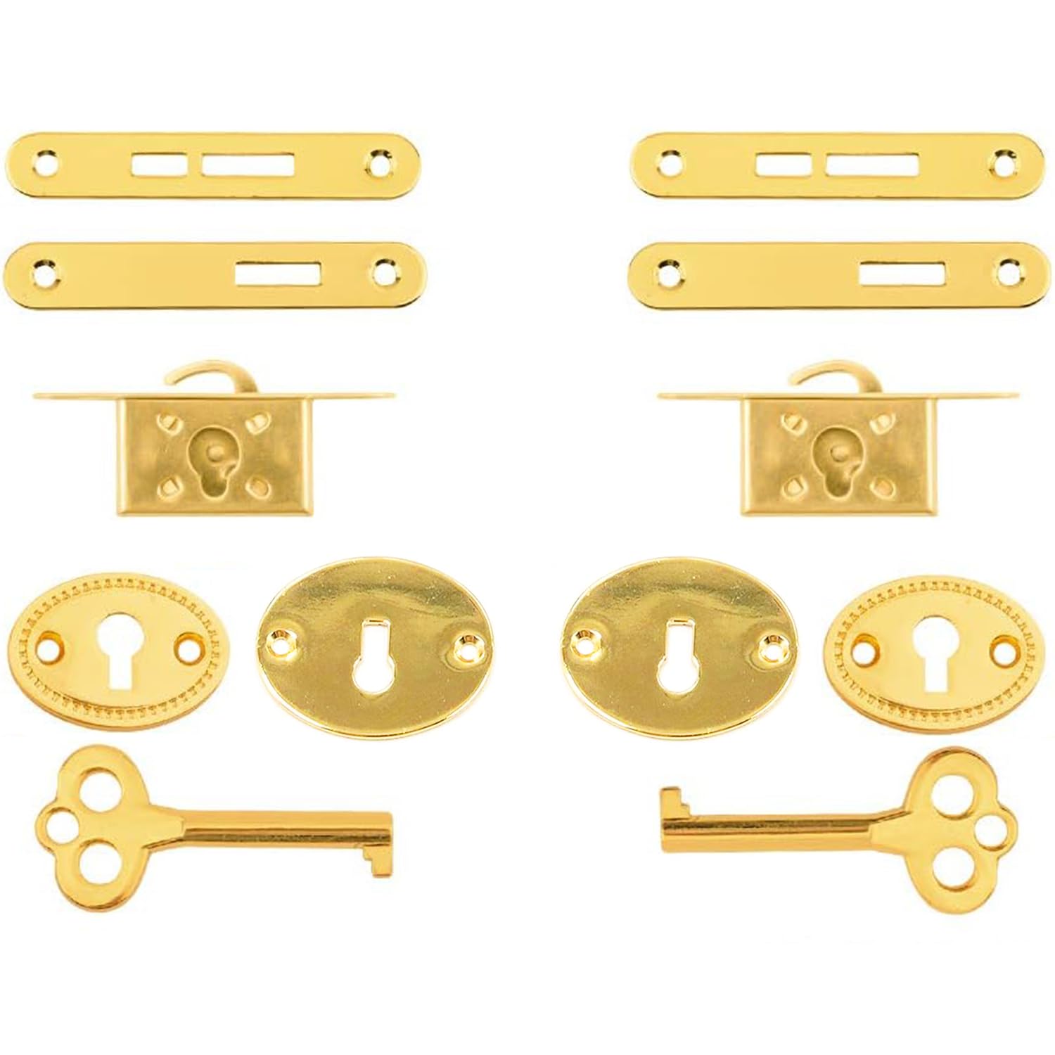 2 Piece Vintage Cabinet Lock Set Golden Spring Loaded Mortise Locks with Center Keyhole Design for Drawers Cupboards and Jewelry Storage Retro Style Security Hardware