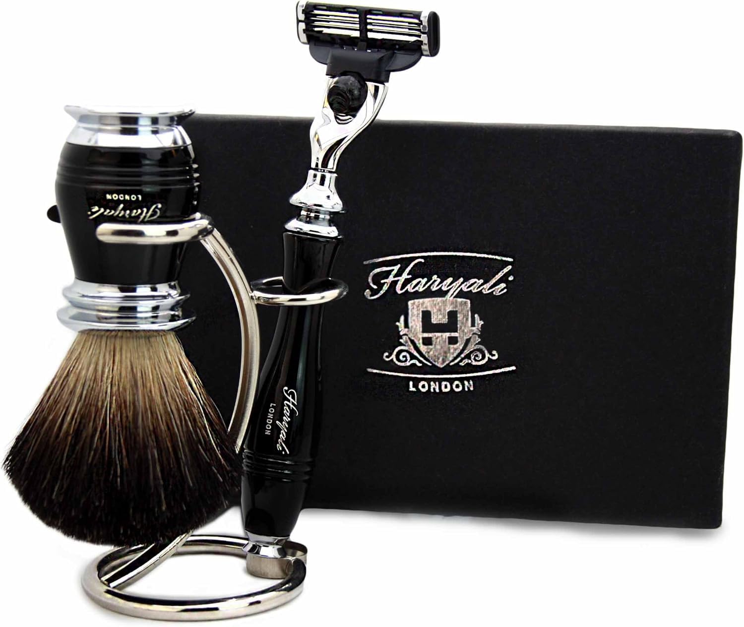 Haryali London 3 Edge Cartridge Safety Razor With Black Badger Hair Shaving Brush & Stand Perfect Shaving Kit For Men