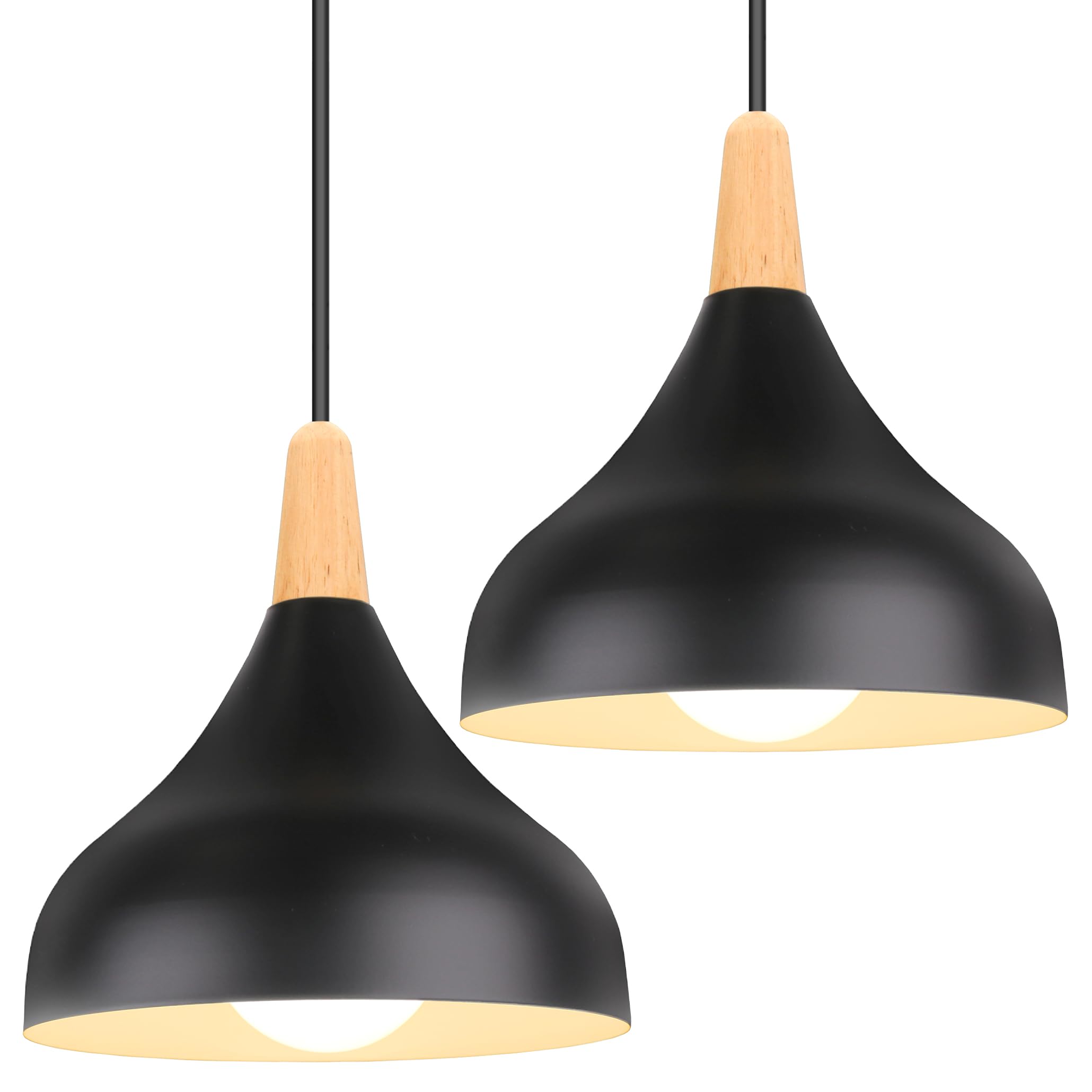 iDEGU Set of 2 Retro Pendant Ceiling Lights Modern Drop Style Hat Lampshade E27 Ceiling Light Retro Light Fixture in Metal Wood Pendant Lamp for Bedroom, Dining Room, Kitchen, Φ 20 cm (Black) — image 1