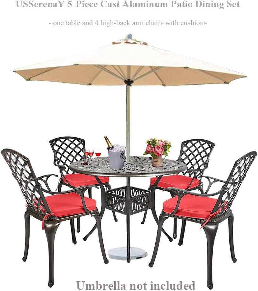 USSerenaY Cast Aluminum Bistro Set Outdoor Bistro Table Set Patio Furniture Sets with 4 Arm Chairs, Umbrella Hole, Antique Bronze Finish (4 Chairs + 1 Table Set(Lattice Weave)): Garden & Outdoor